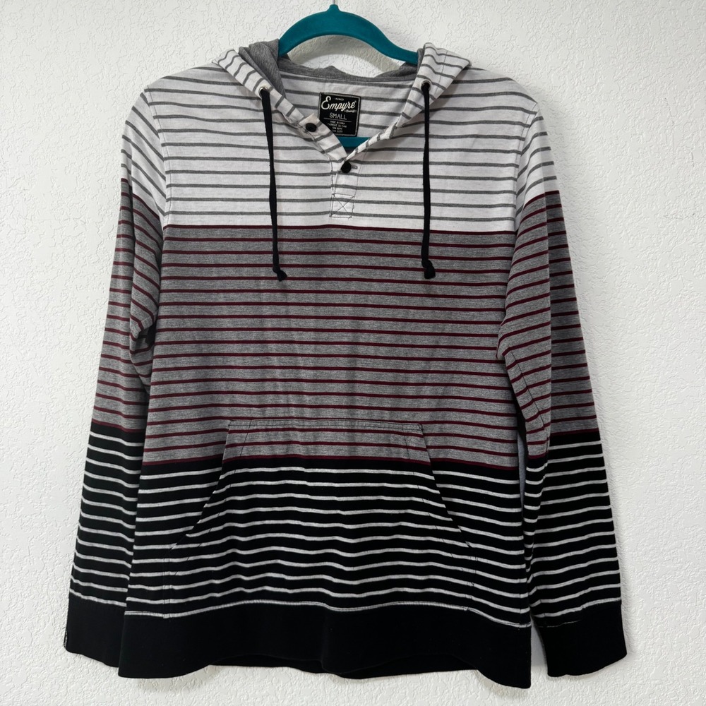 Empyre Men's Striped Henley Hoodie Pullover Size Small Black White Gray Maroon
